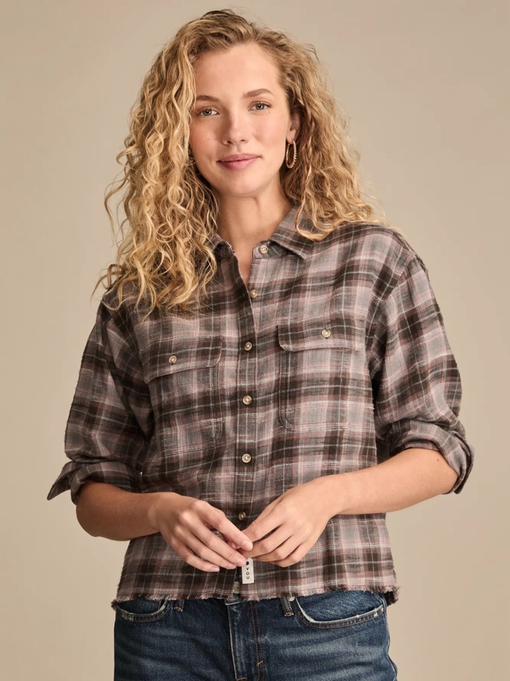 Lucky Brand Raw Edge Flannel Cropped Button Down Shirt